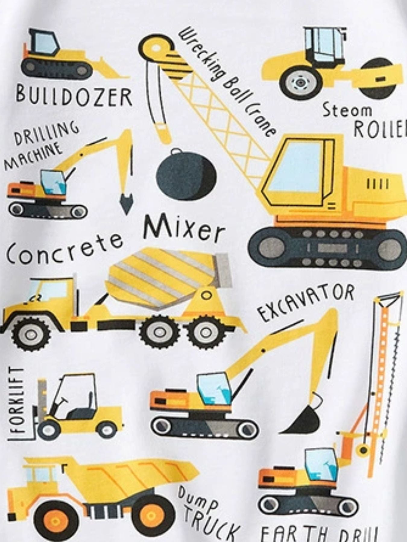 White cotton crew neck t-shirt with playful construction vehicle graphics and labels.