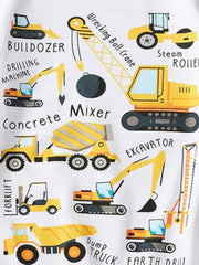 White cotton crew neck t-shirt with playful construction vehicle graphics and labels.
