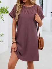 Mauve t-shirt dress with sheer lace yoke and short sleeves, above the knee length.