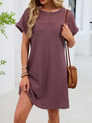 Mauve t-shirt dress with sheer lace yoke and short sleeves, above the knee length.