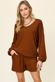 Caramel waffle knit lounge set with blouson sleeves and shorts.