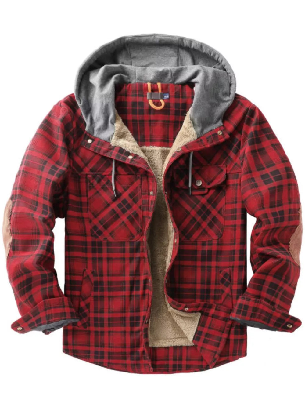 Red plaid flannel hooded jacket for men with sherpa lining and elbow patches.