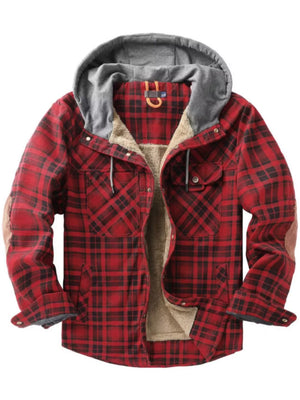 Red plaid flannel hooded jacket for men with sherpa lining and elbow patches.