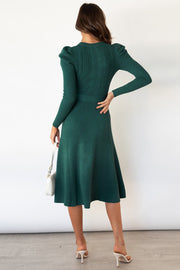 Deep Teal cable knit midi dress with puff sleeves and self-tie belt.