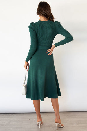 Deep Teal cable knit midi dress with puff sleeves and self-tie belt.