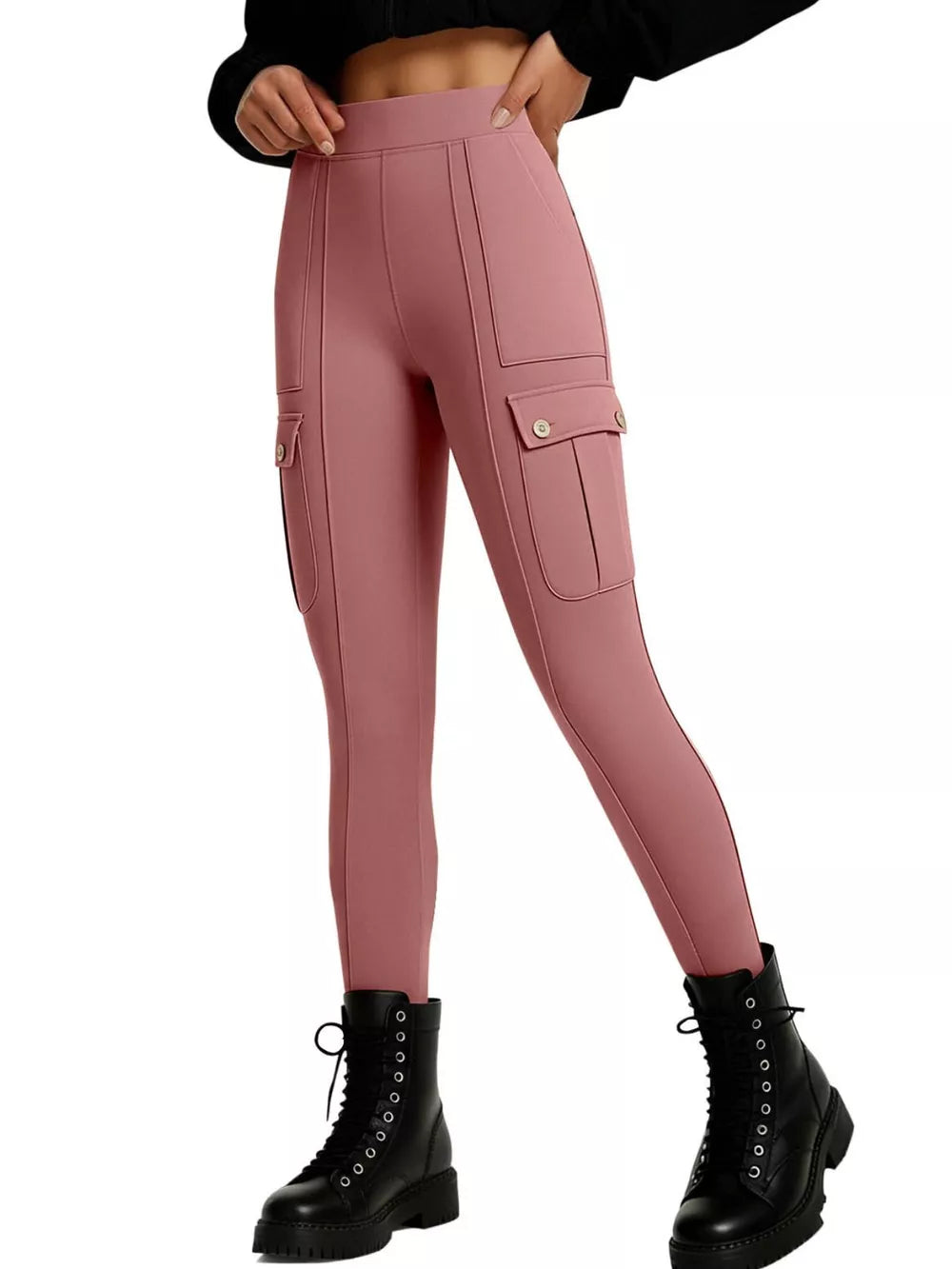 Pink maternity active pants with cargo pockets and button details.