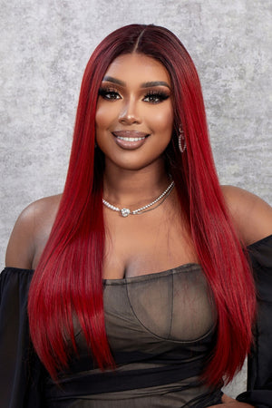 Crimson straight lace front wig with red ombre color, styled with a middle part.