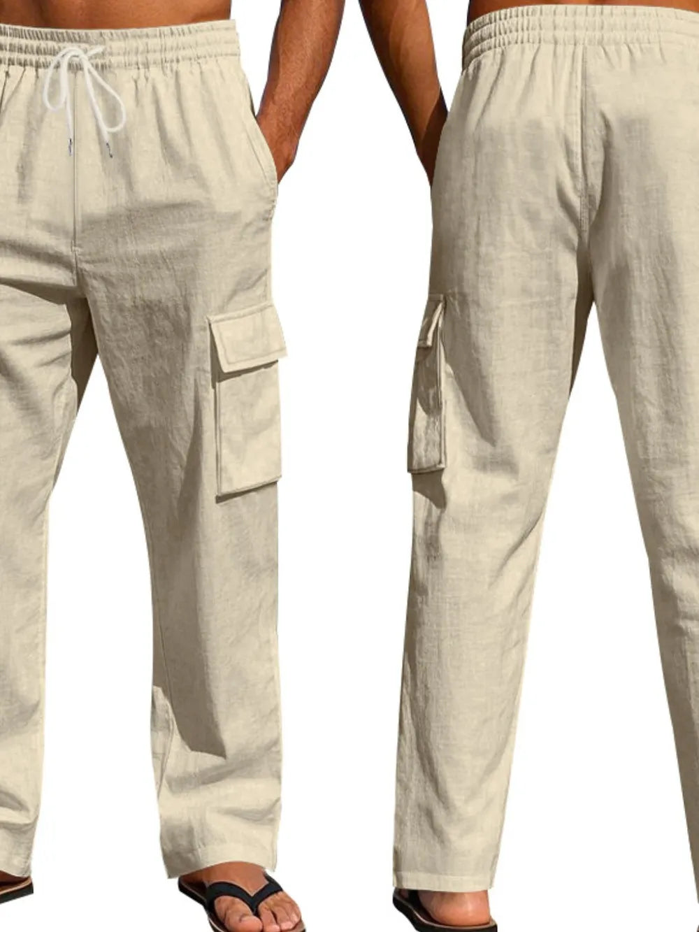 Beige relaxed-fit cargo pants with drawstring waist and patch pockets.