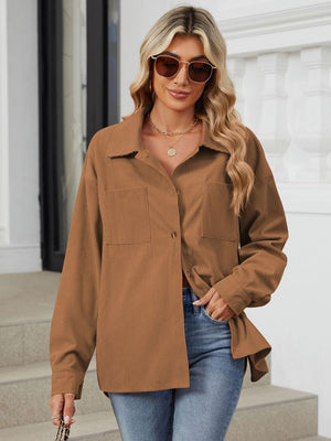 Caramel corduroy overshirt with button front and chest pockets, styled casually.