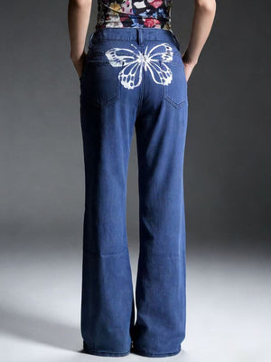 Dark blue maternity jeans with butterfly back detail and wide leg