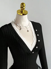 V-neck Lace Trim Ribbed Knit T-shirt, product detail