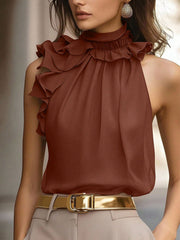 Brown ruffled high neck sleeveless blouse with a gathered neckline.