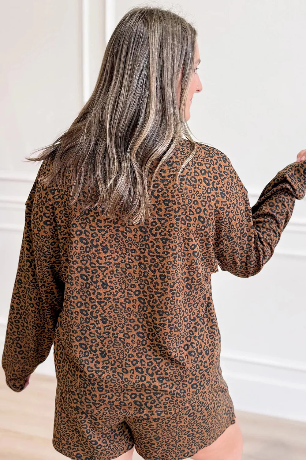 Leopard Print Long Sleeve Henley Top & Shorts Set in Coffee Brown, model styling view