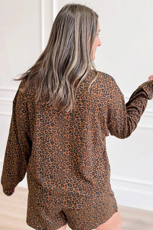 Leopard Print Long Sleeve Henley Top & Shorts Set in Coffee Brown, model styling view