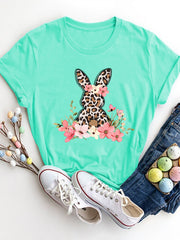 Aqua crewneck t-shirt with leopard bunny graphic and floral accents
