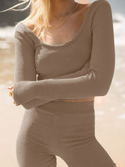 Textured ribbed scoop neck long sleeve crop top and high waist shorts set in Taupe.