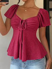 Ruched Flutter Sleeve Peplum Top in Yellow, back view
