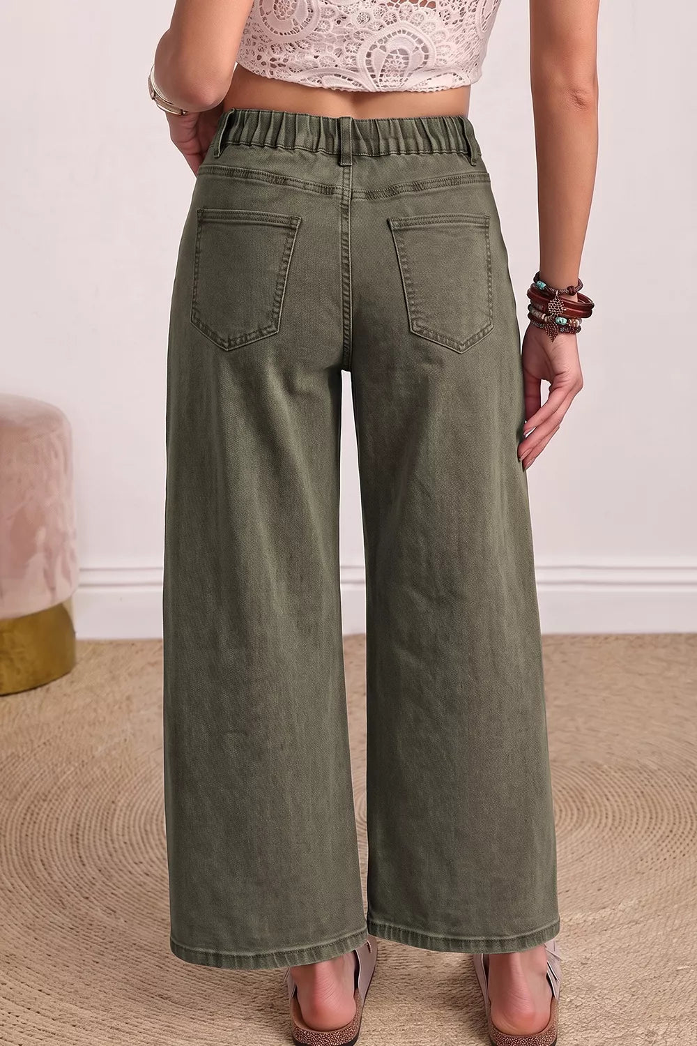 Four Leaf Clover Solid Color Ankle Jeans in Army Green, back view
