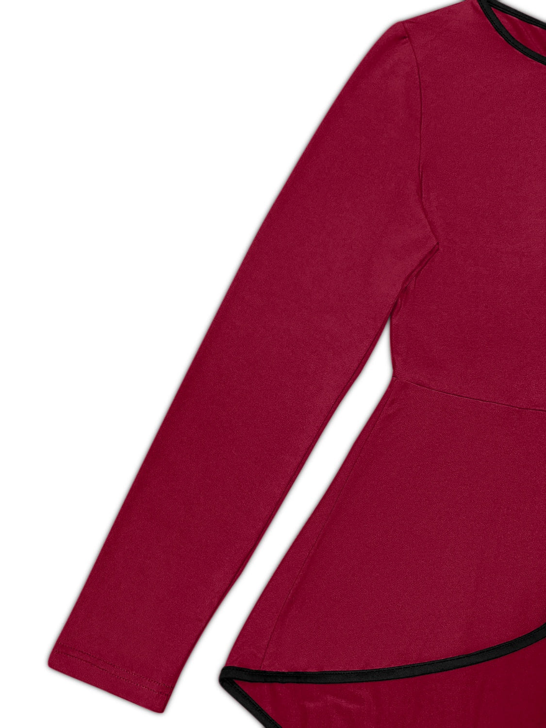 Burgundy peplum blouse with long sleeves and black trim detail.