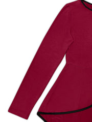 Burgundy peplum blouse with long sleeves and black trim detail.