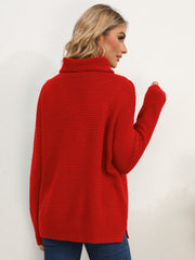 Deep Red textured knit oversized turtleneck pullover sweater with ribbed detail.