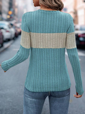 Ribbed crewneck sweater in Air Force Blue with a beige colorblock stripe.