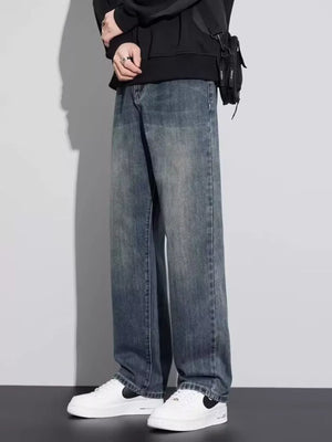 Full-size relaxed fit men's vintage wash blue 100% cotton jeans