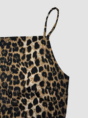 Leopard print cami crop top with spaghetti strap and square neckline.