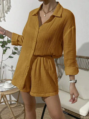 Textured gauze shirt and shorts set in mustard yellow, featuring a button-down shirt and elastic waist shorts.