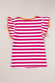 Striped tee with flutter sleeves and contrast orange trim