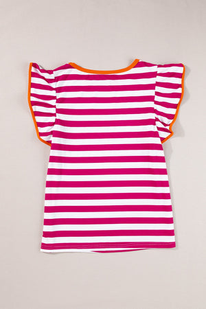 Striped tee with flutter sleeves and contrast orange trim