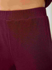 Burgundy ribbed wide-leg lounge pants with elastic waistband