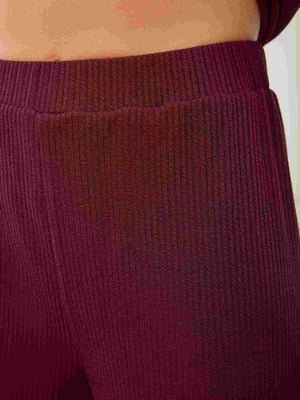Burgundy ribbed wide-leg lounge pants with elastic waistband