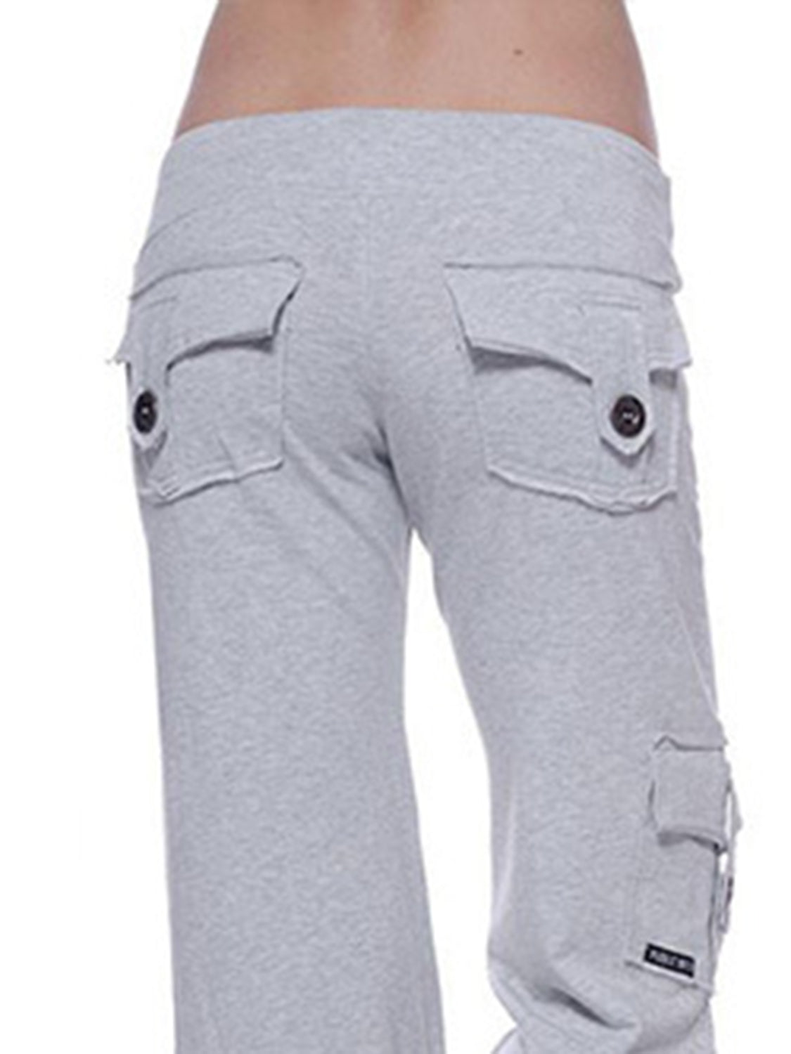 Heather Gray cargo-inspired wide-leg drawstring trousers with button flap back pockets.