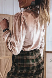 Western Style Long Sleeve Stand Neck Velvet Top, model styling view