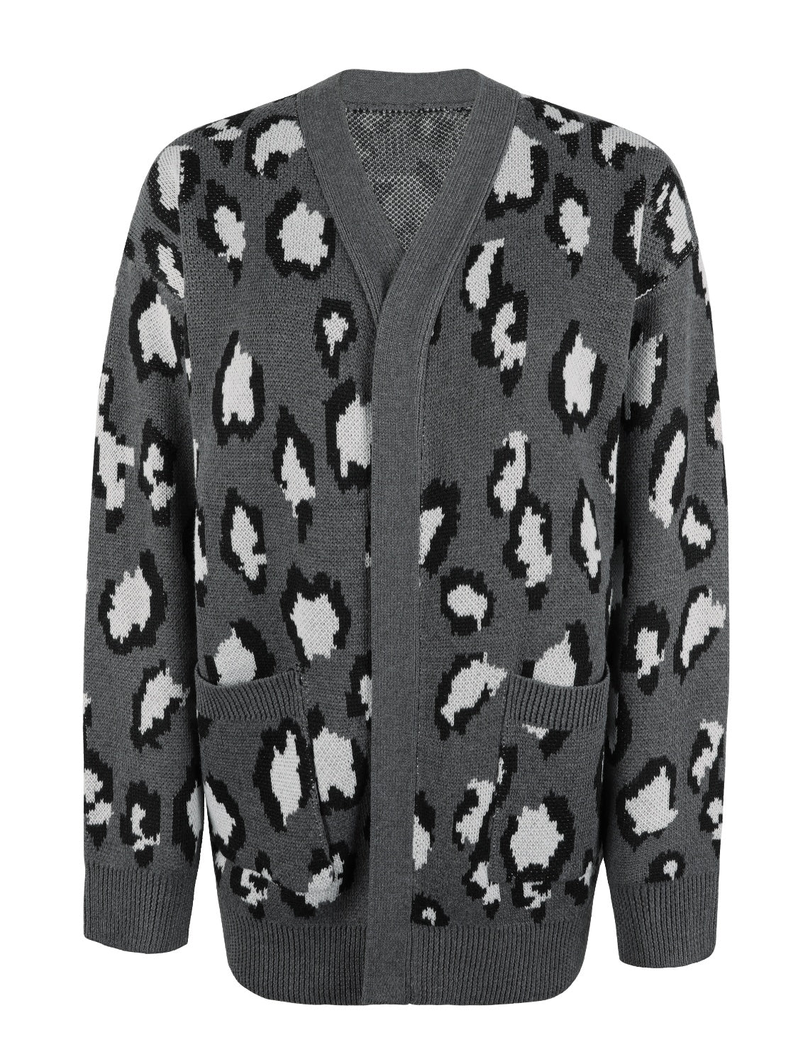 Dark Gray leopard print open-front knit cardigan with pockets.