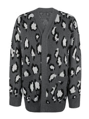Dark Gray leopard print open-front knit cardigan with pockets.
