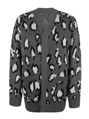 Dark Gray leopard print open-front knit cardigan with pockets.