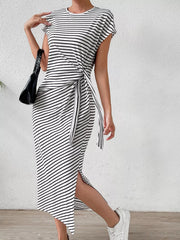 Elegant Striped Midi Dress With Tie Detail