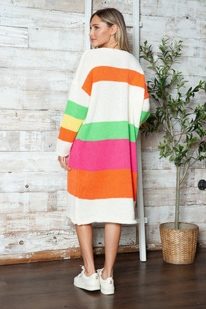 Midi sweater dress with rainbow stripes in orange, pink, green, yellow, and white.