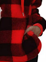 Red and black plaid sherpa drawstring hoodie with a pocket detail.