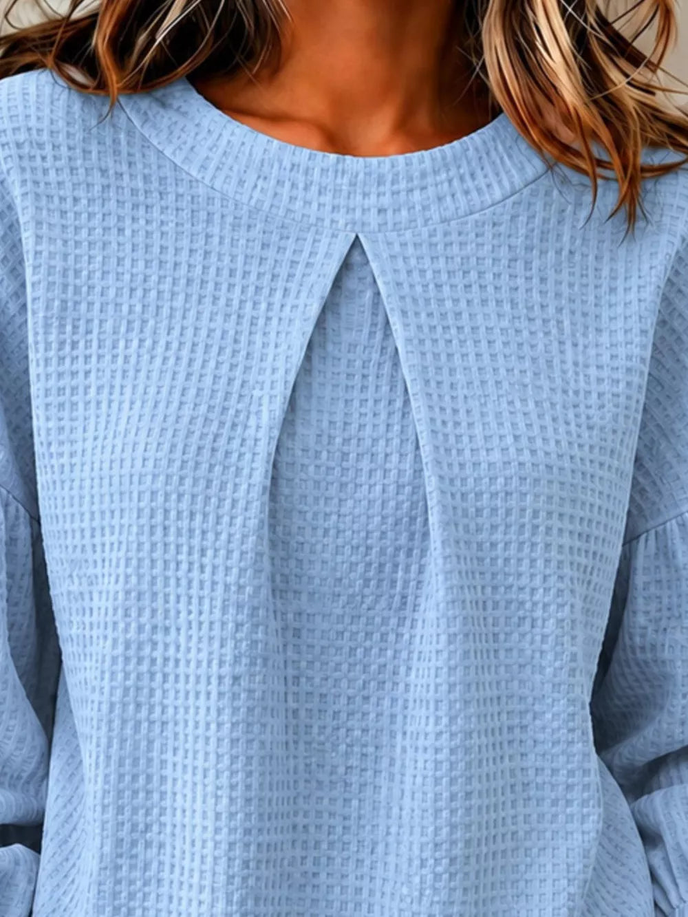 Waffle Knit Round Neck Top in Burgundy, editorial view
