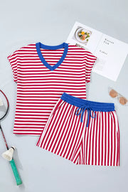 Red and white striped cotton V-neck lounge set with blue trim and drawstring shorts.
