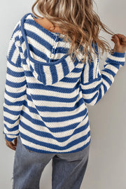 Peacock blue and white striped knit hoodie with textured pattern and pouch pocket detail.