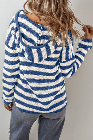 Peacock blue and white striped knit hoodie with textured pattern and pouch pocket detail.