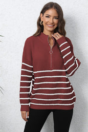 Burgundy striped ribbed knit quarter-zip sweater with white stripes on sleeves and body.
