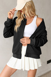 Black diamond quilted bomber jacket with zip front and ribbed cuffs.
