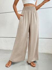 Textured palazzo lounge trousers in Dust Storm with a smocked waist and wide leg.
