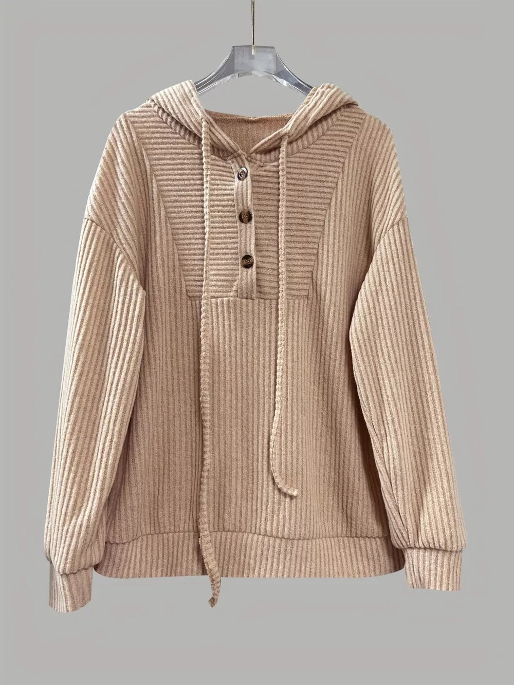 Khaki ribbed button-front hoodie with drawstring and buttoned placket.