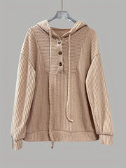 Khaki ribbed button-front hoodie with drawstring and buttoned placket.